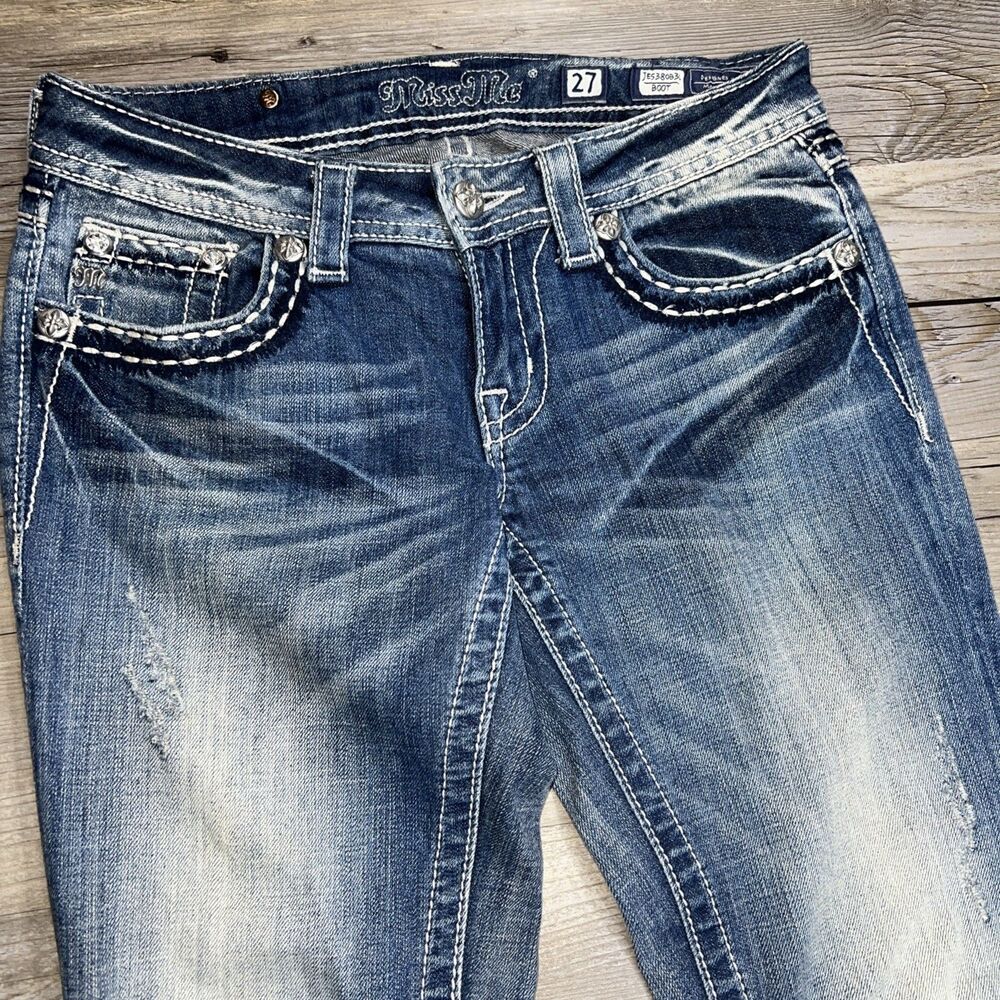 MISS ME Women's Size 27 x 28 Embellished Glitz Boot Stretch Jean for Buckle